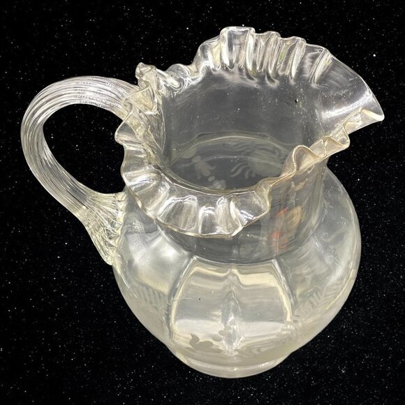 Art Glass Etched Ruffled Edge Applied Handle Pitcher Hand Blown 9”T 6.5”W - Picture 6 of 8